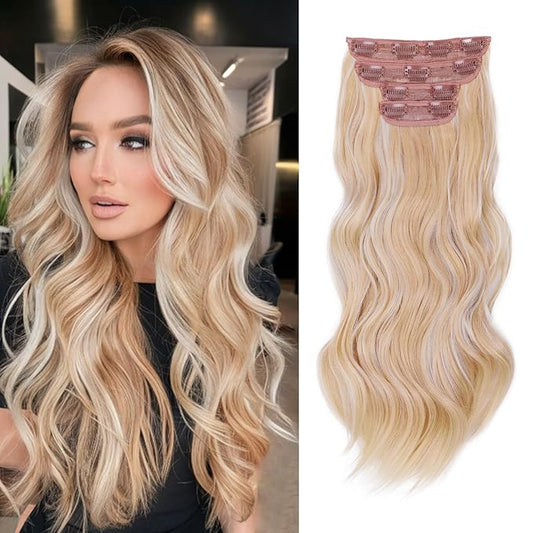 Vigorous Clip in Hair Extensions 20Inch Beach Blonde Highlights Hair Extension Clip Ins 4Pcs Long Wavy Soft Synthetic Hairpieces for Women Girls Daily Use Event Party Use