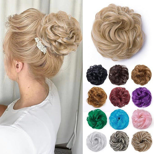 Benehair Hair Bun Hairpiece Scrunchy Updo Hair Pieces Fluffy Scrunchies Donut Hairpiece Synthetic Curly Wavy Messy Chignons With Elastic Rubber Band Dark Blonde & Bleach Blonde-Thicker 1pc 35g