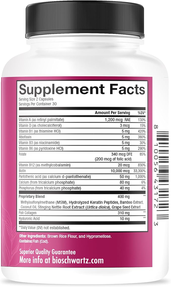 BioSchwartz Biotin Collagen Keratin Supplement - Hair Vitamins for Women - 10000mcg Biotin with Hyaluronic Acid & B Complex - Non-GMO 60 Capsules Beauty Supplement - Hair and Nails Vitamins for Women