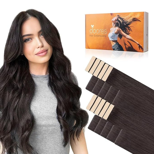 DOORES Seamless Tape in Human Hair Extensions Invisi Edge, Dark Brown 10 Injection Tape-ins with 10 Classic Tape-ins 50g 24 Inch, Virgin Human Hair Injection Tape in Extensions