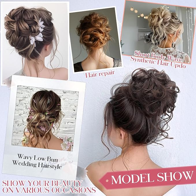 2PCS Messy Bun Hair Piece Tousled Updo with Tendrils Wavy Curly Hair Bun Scrunchies Ponytail Extension Elastic Band Hairpieces For Women (Ash blonde mix Ginger Brown)