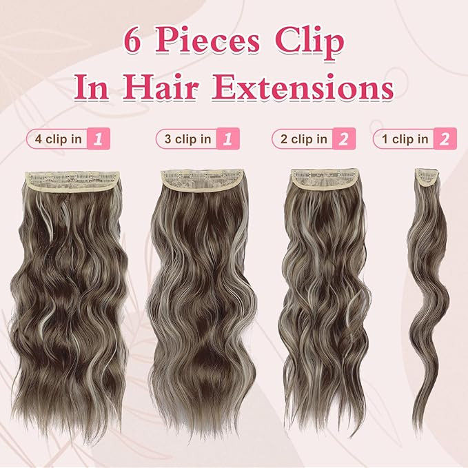 Vigorous Clip in Hair Extensions 6Pcs Hair Extension Clip Ins 20Inch Natural Soft Synthetic Hairpieces for Women(Light Brown & Ash Blonde)