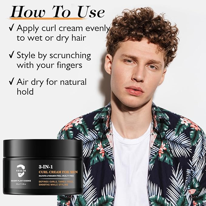 3-in-1 Curl Cream for Men - Defines Curls, Tames Frizz, Adds Smoothness and Texture for Curly and Wavy Hair, Hair Styling Cream with Desert Derived Extracts, Sulfate - Free 3.38 oz