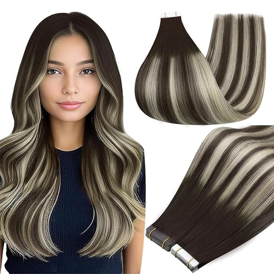 Full Shine Human Hair Tape in Extensions Seamless Tape in Hair Extensions Real Human Hair Color 2 Brown to 60 Blonde And 2 Brown 50G Invisible Tape ins Human Hair 22Inch Double Sided Tapes 20Pcs