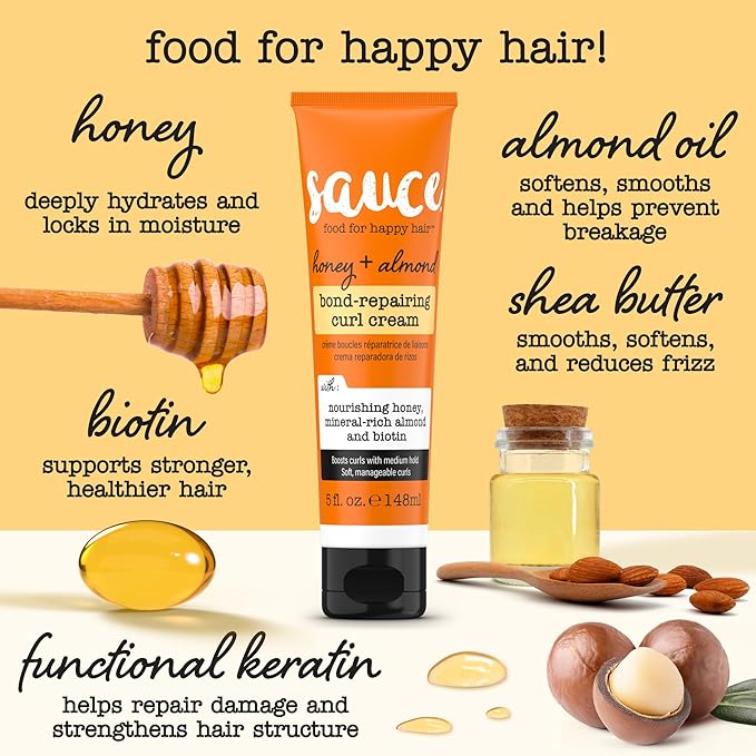 SAUCE Honey + Almond Bond Repair Curl Cream, 5 Fl Oz, Controls Frizz & Defines Curls, Helps Repair Damage & Reduce Breakage with Biotin & Almond Oil, No Sulfates & Parabens