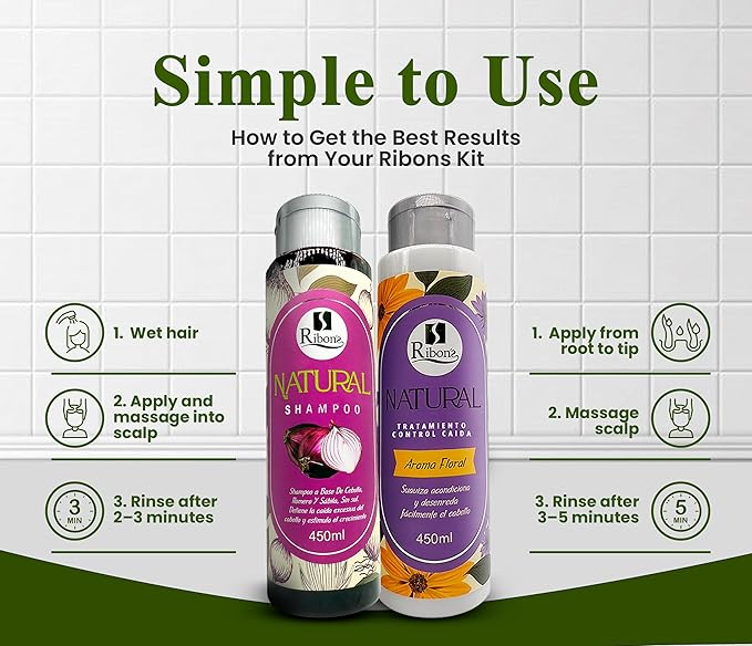 Ribon's Natural Shampoo and Conditioner Set Hair Growth – Anti-Hair Loss, Strengthening & Nourishing Formula with Onion, Rosemary & Aloe Vera – Floral Scent – 450ml Each