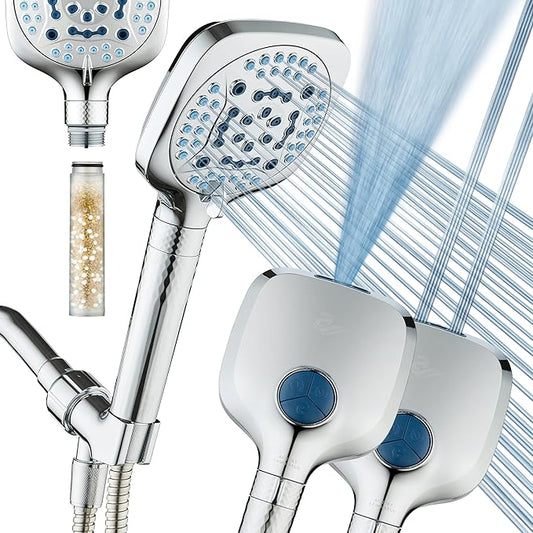 AquaCare 4X High Pressure 10 Spray Mode Filtered Showerhead - Handheld Shower Head Filters Chlorine to Heal Dry Skin, Revive Hair - Dual Power Wash Cleans Tub, Tile, Pets - Hard Water Softener, Chrome