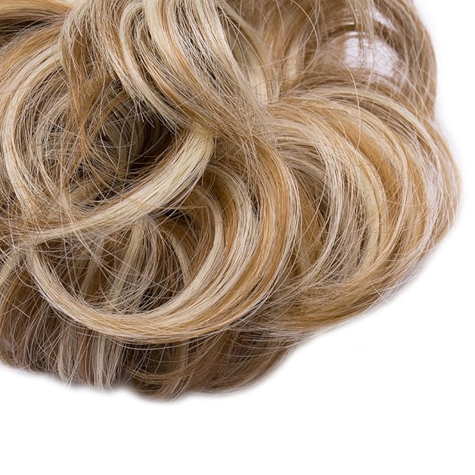 Benehair Hair Bun Hairpiece Scrunchy Updo Hair Pieces Fluffy Scrunchies Donut Hairpiece Synthetic Curly Wavy Messy Chignons With Elastic Rubber Band Light Ash Brown & Bleach Blonde-Thicker 2pcs 70g