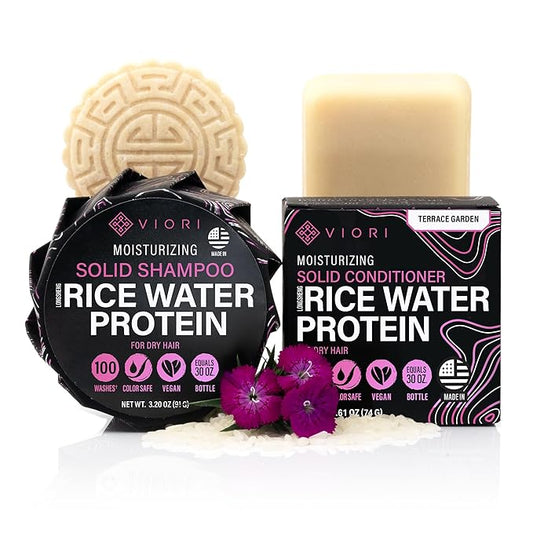 Viori Terrace Garden Shampoo and Conditioner Bar Set Made with Rice Water - Handcrafted Sulfate Free Shampoo and Conditioner