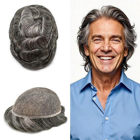 Toupee For Men Real Human Hair System Full Swiss Lace Mens Toupee Lace Hair Piece For Men Hair System Bleached Knots 8x10-90% light density#250 2# DARKEST BROWN+50% GREY