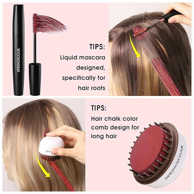 Red Temporary Hair Chalk Color Comb + Washable Hair Mascara Dye for Girls Kids, Makeup Vibrant Dye Hair Colors for Halloween, Cosplay, Sporting Events, DIY Hair Parties Christmas