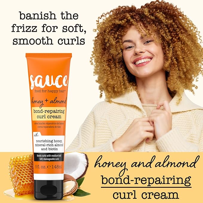 SAUCE Honey + Almond Bond Repair Curl Cream, 5 Fl Oz, Controls Frizz & Defines Curls, Helps Repair Damage & Reduce Breakage with Biotin & Almond Oil, No Sulfates & Parabens