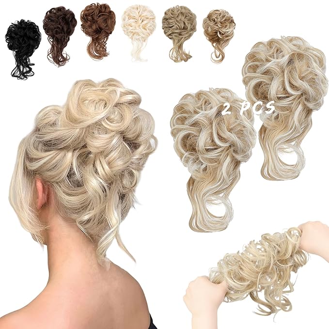 2PCS Messy Bun Hair Piece Tousled Updo with Tendrils Wavy Curly Hair Bun Scrunchies Ponytail Extension Elastic Band Hairpieces For Women (Ash blonde mix Bleach Blonde)