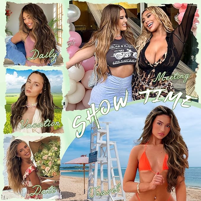 Vigorous Clip in Hair Extensions 4PCS Brown mix Blonde Long Wavy Hairpieces 24Inch Hair Extensions Clip Ins Soft Synthetic Hairpieces for Women