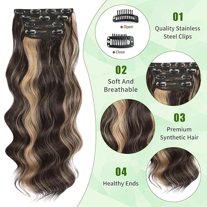 Vigorous Clip in Hair Extensions 4PCS Brown mix Blonde Long Wavy Hairpieces 24Inch Hair Extensions Clip Ins Soft Synthetic Hairpieces for Women