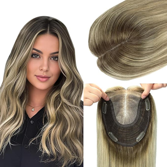 Hair Toppers for Women Real Human Hair, 6x7 inch Larger Silk Base 150 Density 75 grams 16inch Walnut Brown to Ash Brown and Golden Blonde Wiglet Top Pieces Add Volume（#3822 16inch）