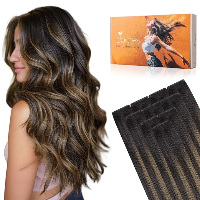 DOORES Seamless Hair Extensions Real Human Hair Tape in Invisi Edge, Dark Brown to Chestnut Brown 10pcs Injection Tape-ins 25g 18 Inch, Injected Natural Human Tape in Extensions