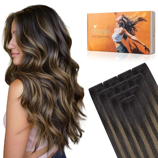 DOORES Seamless Hair Extensions Real Human Hair Tape in Invisi Edge, Dark Brown to Chestnut Brown 10pcs Injection Tape-ins 25g 18 Inch, Injected Natural Human Tape in Extensions