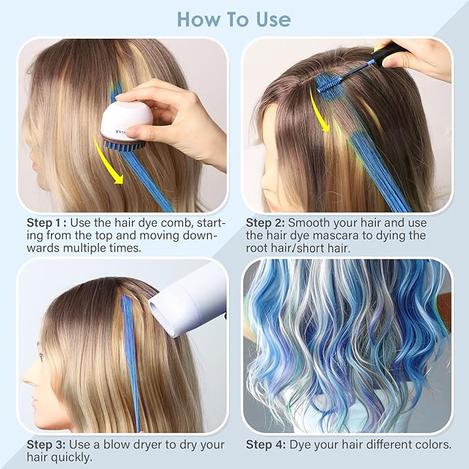 Blue Temporary Hair Chalk Color Comb + Washable Hair Mascara Dye for Girls Kids, Makeup Vibrant Dye Hair Colors for Halloween, Cosplay, Sporting Events, DIY Hair Parties Christmas