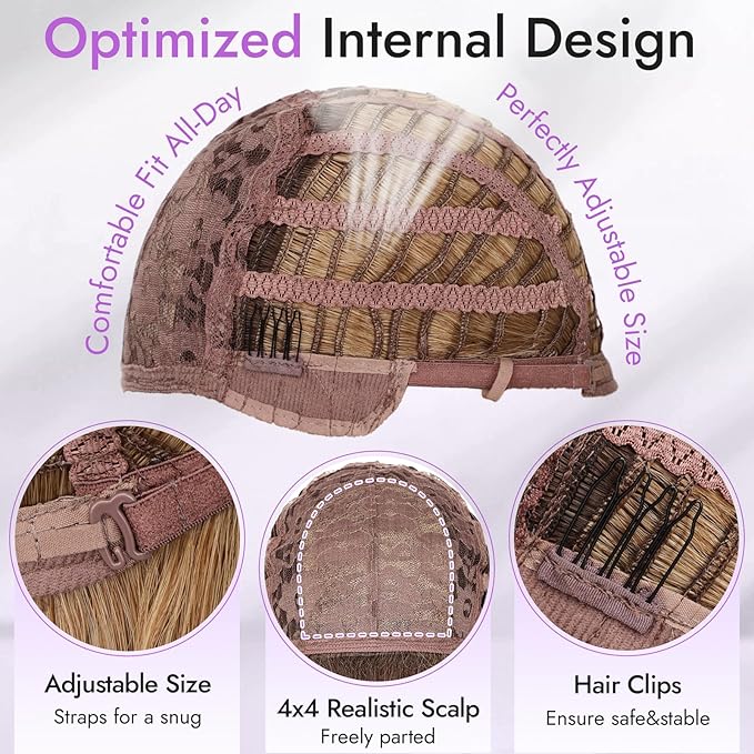 Long Honey Blonde Wig with Bangs for Women- Dark Root to Honey Blonde Ombre,4x4 Realistic Scalp,Free Parting,Layered Hairstyle Synthetic Heat Resistant for Daily Party Use 26 inch