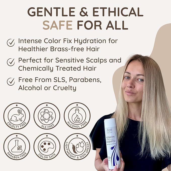 VITAMINS hair cosmetics Keratin Purple Shampoo for Blondes - Blue Shampoo - Hair Toner for Bleached Hair - Tones Brassiness & Repairs Blonde, Silver, Grey, White & Ash Gray Locks