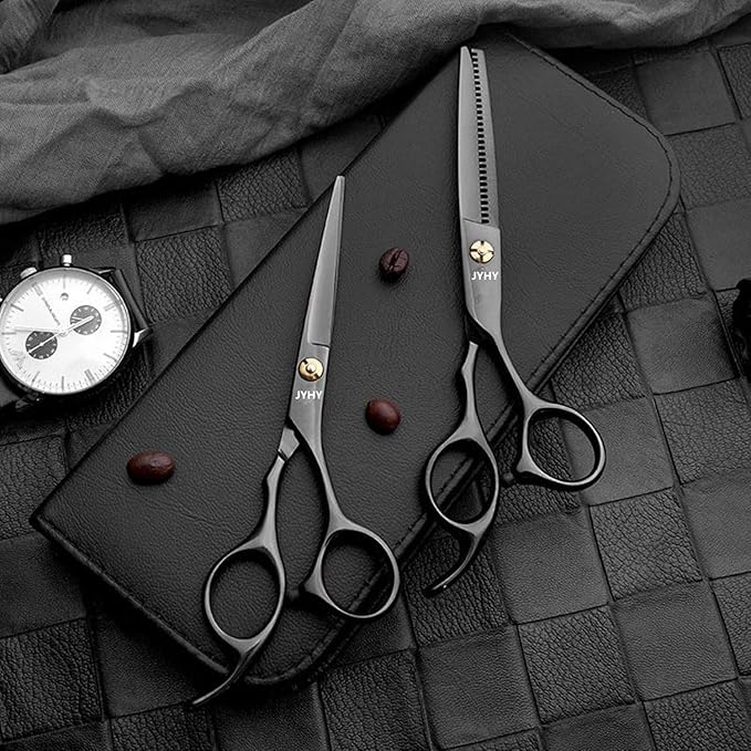 Professional Hair Cutting Scissors Shears Barber Thinning Set Kit- Family Hair Cutting,Barber Hair Cutting Tool Thinning texturizing (Black 6")