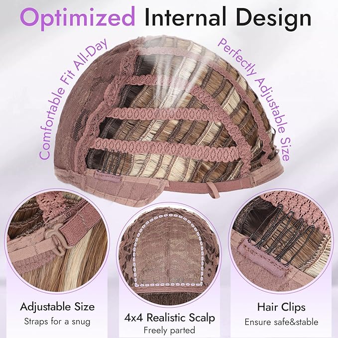 Long Ombre Light Brown With Blonde Wig with Bangs for Women,4x4 Realistic Scalp,Free Parting,Layered Hairstyle Synthetic Heat Resistant for Daily Party Use 26 inch