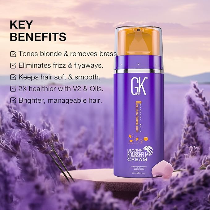 GK HAIR Bombshell Cream purple leave in conditioner (3.4 Fl Oz/100ml) Hair Toner for Brassy Hair Smoothing Moisturizing Hydrating Frizz Control for Blonde Damaged Hair Removes Yellow Tones Flyaways