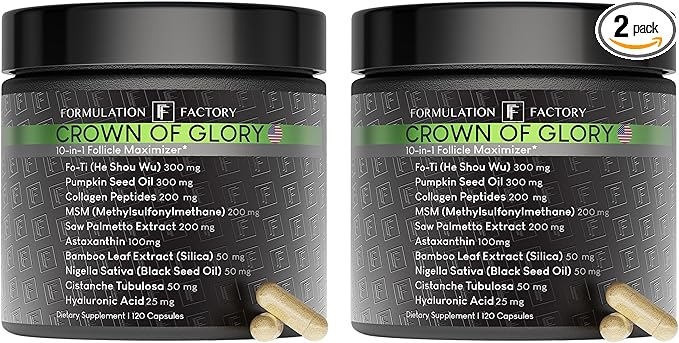 Formulation Factory Crown of Glory 10-in-1 Hair Growth Maximizer, DHT Blocker with Saw Palmetto, Fo-Ti, Collagen, Pumpkin Seed Oil & More, Supports Hair & Scalp Health (4 Month Supply, 240 Capsules)