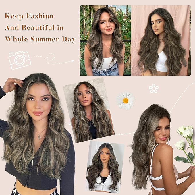 Vigorous Clip in Hair Extensions 20 Inch Walnut Brown Mixed Blonde Double Weft Hair Extension 4Pcs Natural Thick Long Wavy Synthetic Hairpieces for Women
