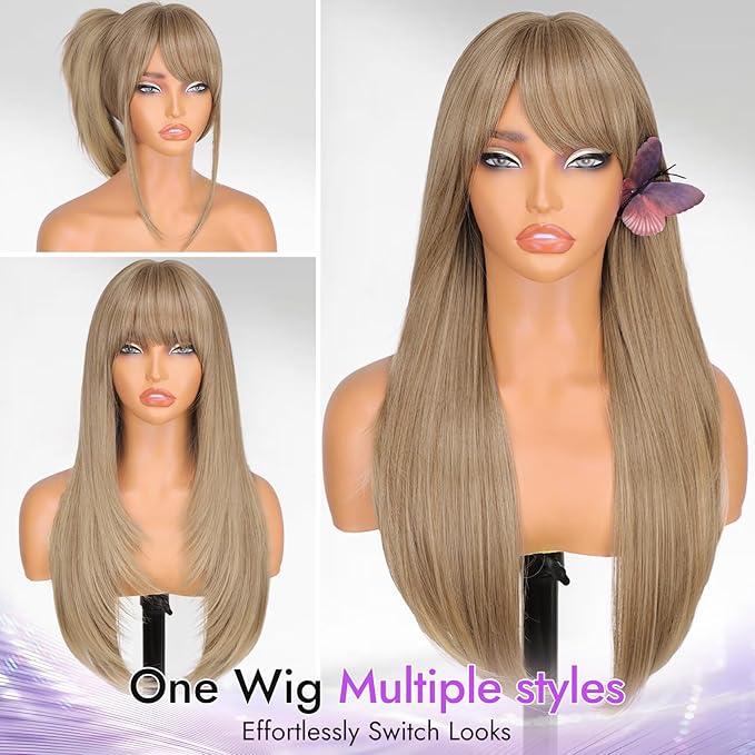 Long Golden Blonde Wig with Bangs for Women,4x4 Realistic Scalp,Free Parting,Layered Hairstyle Synthetic Heat Resistant for Daily Party Use 26 inch