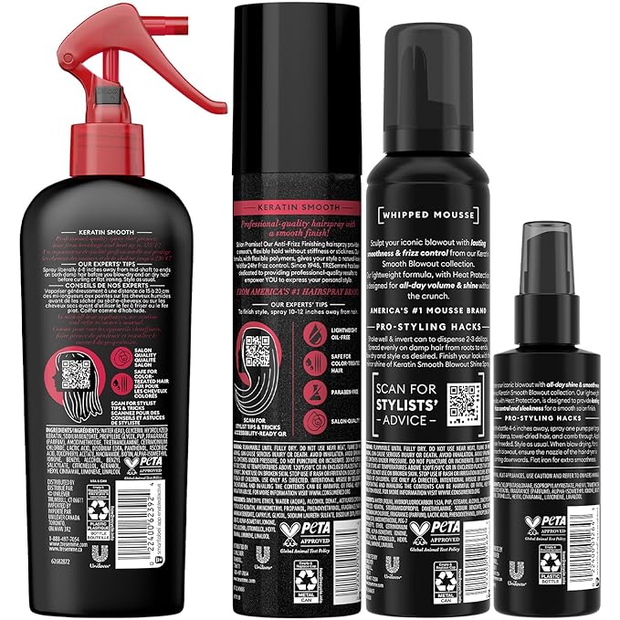 TRESemmé Keratin Smooth Blowout Hair Styling Bundle – Mousse + Finishing, Protecting Heat & Shine Sprays, Frizz Control