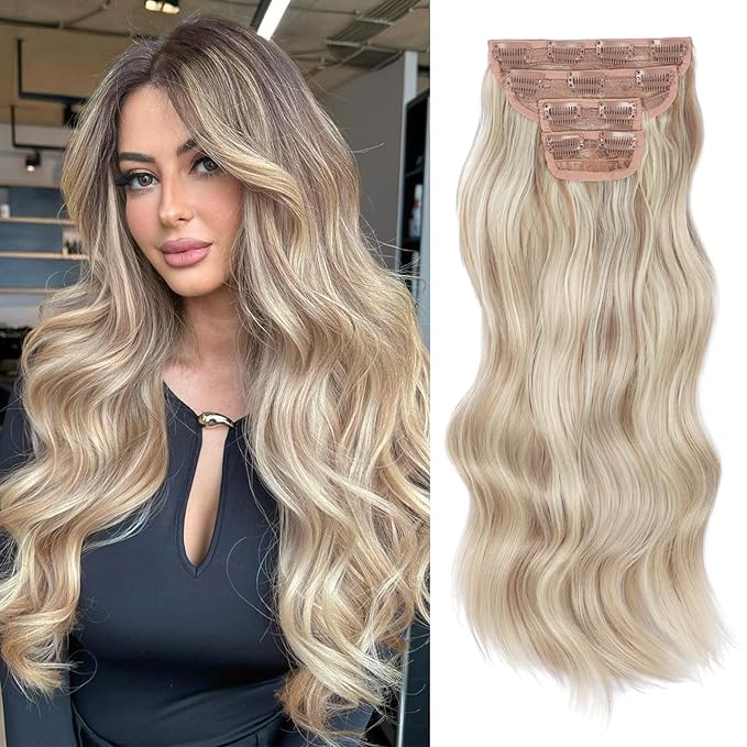 Vigorous Clip in Hair Extensions 20Inch Ash Blonde Mixed Bleach Blonde Hair Extensions Clip Ins 4Pcs Long Wavy Soft Synthetic Hairpieces for Women