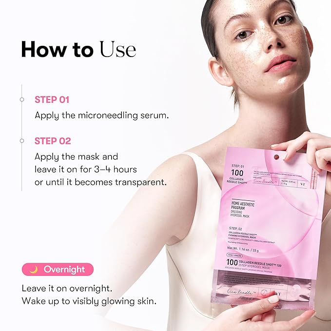 VT COSMETICS Collagen Reedle Shot 100 2-Step Hydrogel Mask(34.5gx4ea), Intensive Firming, Exosome 500Da Collagen, Fine Lines, Overnight Melting Mask, Korean Facial Mask, Pink Collagen
