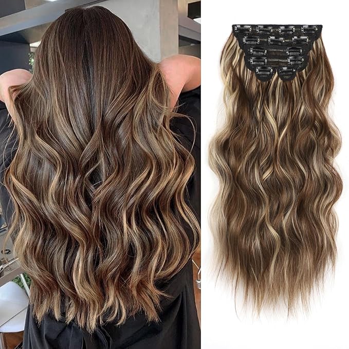 Vigorous Clip in Hair Extensions 20Inch Hair Extensions Clip Ins 6Pcs Natural Soft Synthetic Hairpieces for Women(Honey Blonde Mixed Chocolate Brown)
