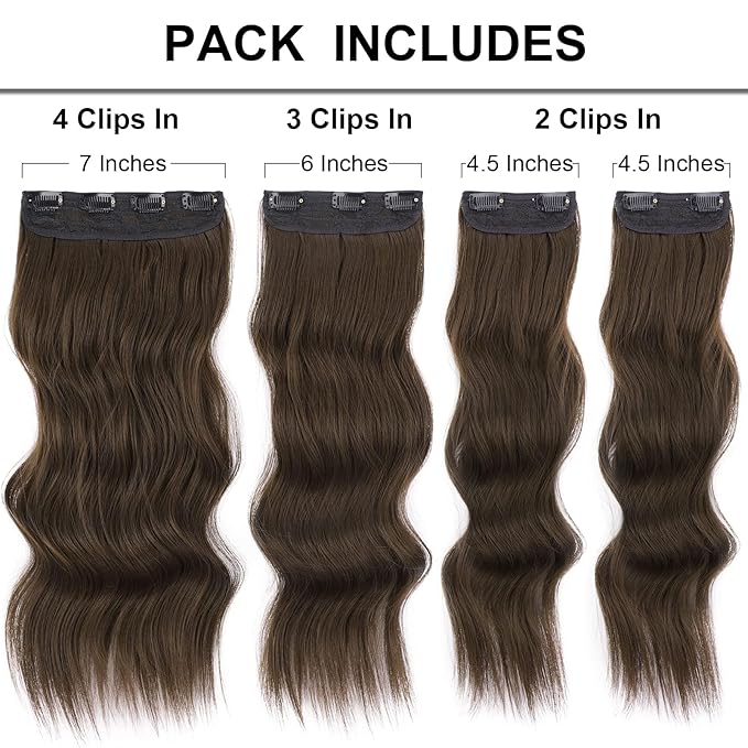 Vigorous Clip in Hair Extensions 4Pcs Chocolate Brown Long Wavy Hairpieces 20Inch Hair Extensions Clip Ins Soft Synthetic Hairpieces for Women
