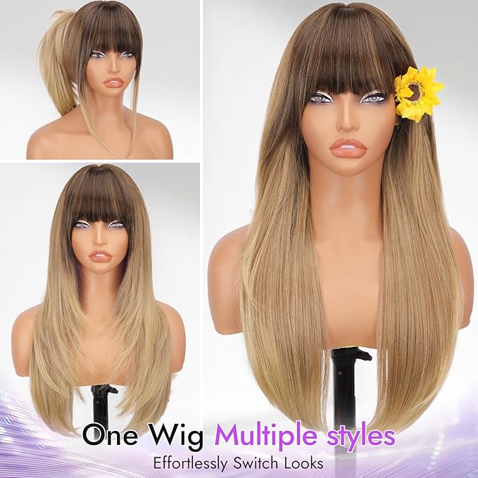Long Honey Blonde Wig with Bangs for Women- Dark Root to Honey Blonde Ombre,4x4 Realistic Scalp,Free Parting,Layered Hairstyle Synthetic Heat Resistant for Daily Party Use 26 inch
