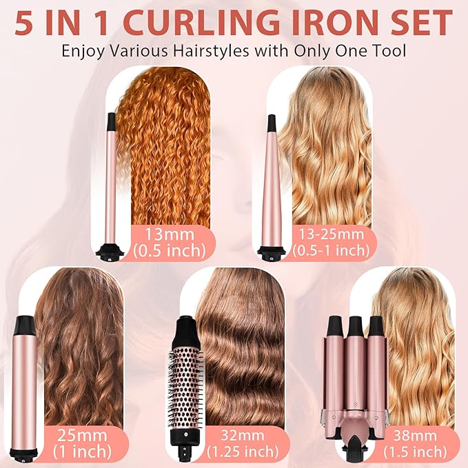 5 in 1 Curling Iron Set, 3 Barrel Curling Iron Set with Curling Brush (1.5 inch),4 Interchangeable Ceramic Curling Wand (0.5-1.25"), Instant Heat Up, 2 Temps Setting, with Comb & Glove & 2 Hair Clips