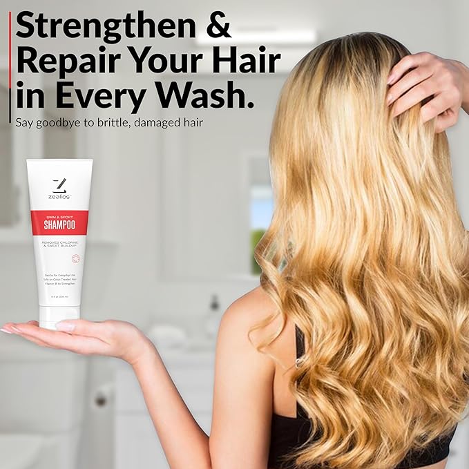 Zealios Swim & Sport Clarifying Shampoo, 8 oz Squeeze Tube for Extremely Damaged Hair, Pool Hair Repair & Protector - Sulfate-Free, Moisturizing Chlorine & Salt Removal, Color-Safe, Citrus Scent