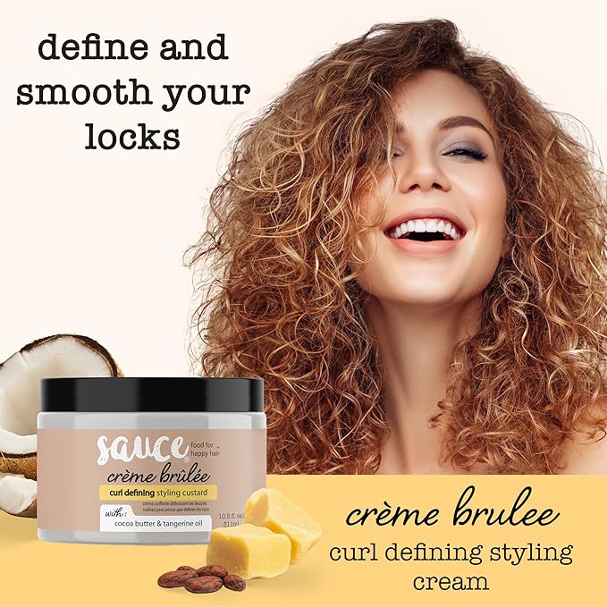 SAUCE BEAUTY Crème Brulee Curl Custard (10.5 Fl Oz) Frizz Control, Detangler & Curl Defining Cream with Cocoa Butter, Coconut Oil & Tangerine Oil, Hair Styling Cream for Wavy & Coily Hair