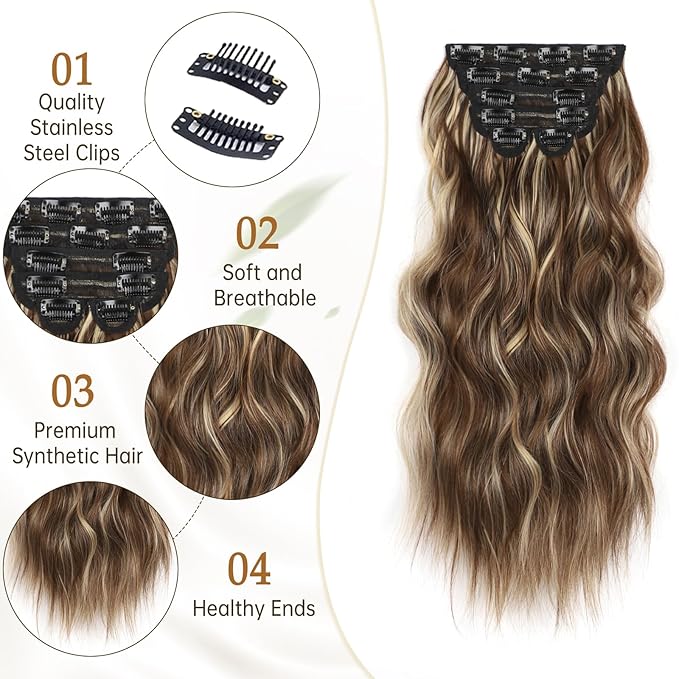 Vigorous Clip in Hair Extensions 20Inch Hair Extensions Clip Ins 6Pcs Natural Soft Synthetic Hairpieces for Women(Honey Blonde Mixed Chocolate Brown)