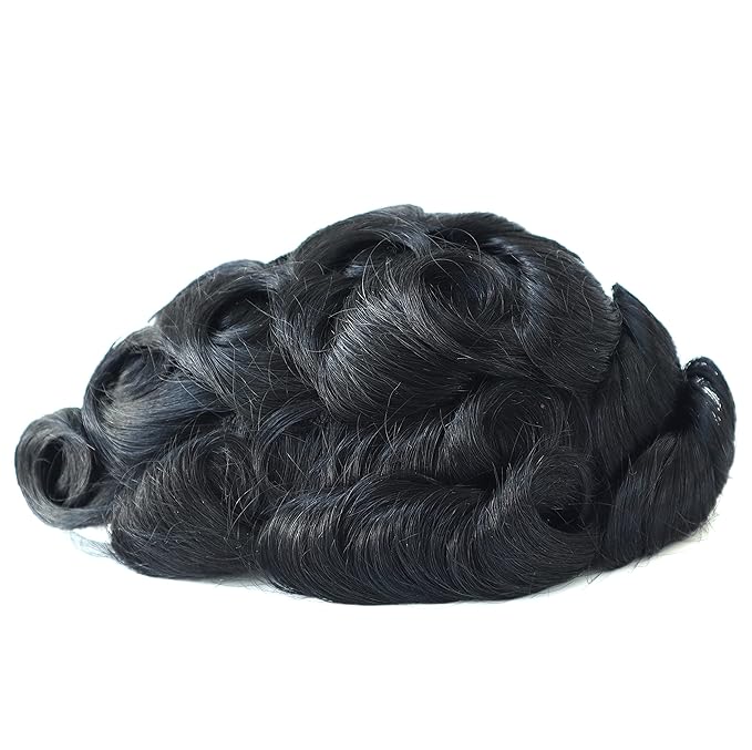 Toupee for Men, Human Hair Replacement System Hairpieces, Black Hair Poly Skin #1