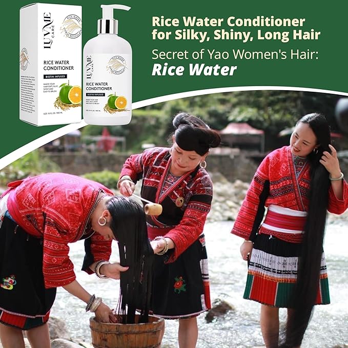 Luv Me Care Rice Water Hair Thickening Conditioner - with Biotin Improve Strength, Volume, and Shine, Deep Conditioning for Dry, Frizzy, or Curly Strands 10 Fl Oz