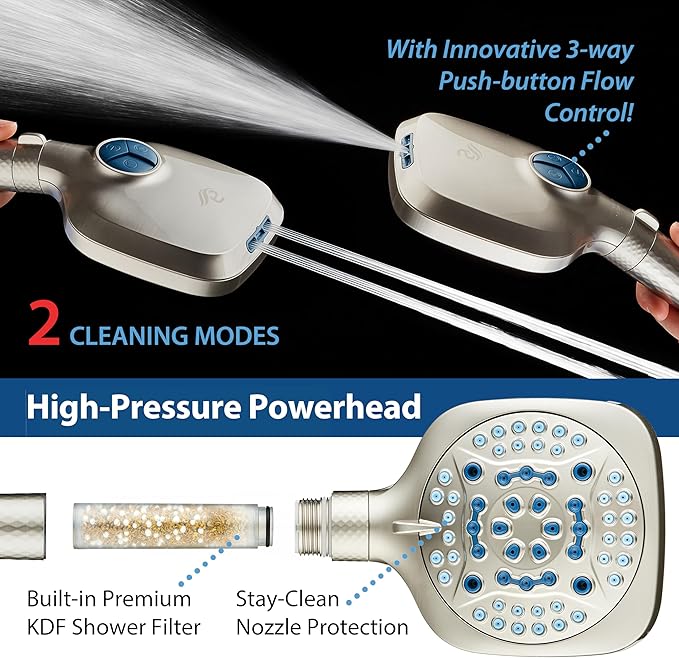 AquaCare 4X High Pressure 10 Spray Mode Filtered Showerhead - Handheld Shower Head Filters Chlorine to Heal Dry Skin, Revive Hair - Dual Power Wash Cleans Tub, Tile, Pets - Hard Water Softener, Nickel
