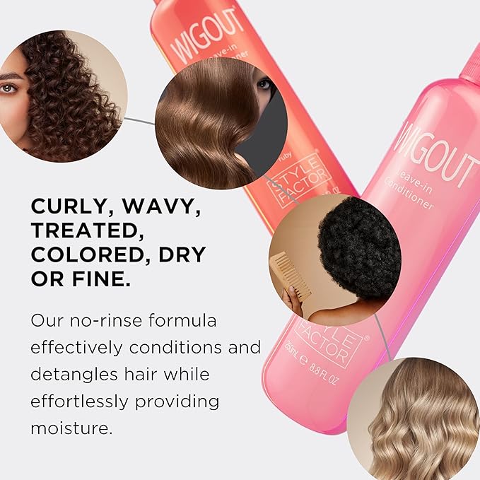 Style Factor WIGOUT Leave-In Conditioner Spray – Lightweight Hydrating & Conditioning Mist Controls Frizz, Adds Shine & Softness For Dry Damaged Hair No-Rinse Formula for All Hair Types - White