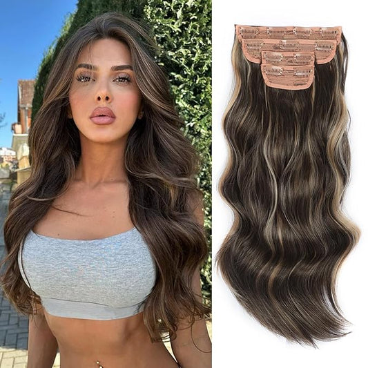 Vigorous Clip in Hair Extensions 20Inch Brown & Blonde Highlights Hair Extension Clip Ins 4Pcs Long Wavy Soft Synthetic Hairpieces for Women Girls Daily Use Event Party Use