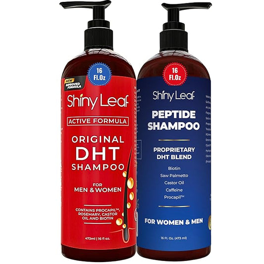 Shiny Leaf Hair Growth Bundle (2 Pack) - DHT Blocker & Peptide Shampoo Set - Anti Thinning Biotin Treatment with Caffeine & Saw Palmetto - Sulfate Free Thickening Formula for Men & Women, 16oz x 2