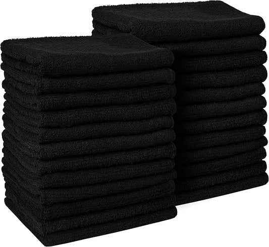Barber Towels Black Salon Towels For Hair Stylist - Pack of 24, Not Bleach Proof, 16 by 27 Inches, Cosmetology Towel, Absorbent Cotton Hair Towel for Women, Men, Beauty, Spa and Home Hair Care