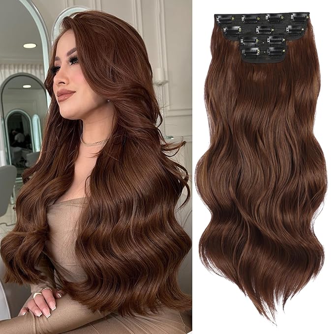 Vigorous Clip in Hair Extensions 4Pcs Mocha mix Brown Copper Long Wavy Hair Extensions Clip Ins 20Inch Soft and Natural Synthetic Hairpieces for Women