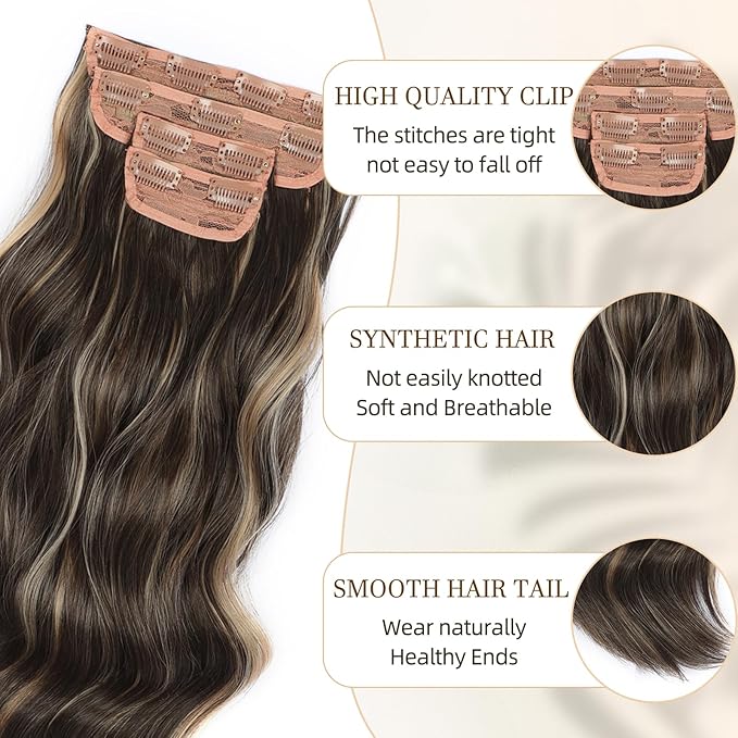 Vigorous Clip in Hair Extensions 20Inch Brown & Blonde Highlights Hair Extension Clip Ins 4Pcs Long Wavy Soft Synthetic Hairpieces for Women Girls Daily Use Event Party Use
